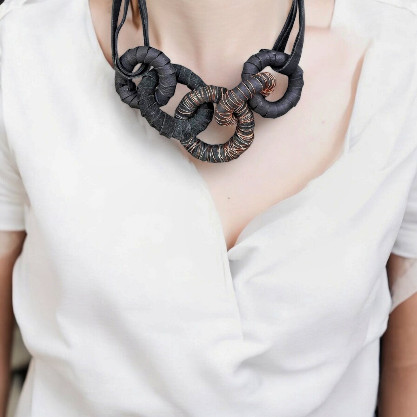 Genuine Leather Necklace with Wire Detail
