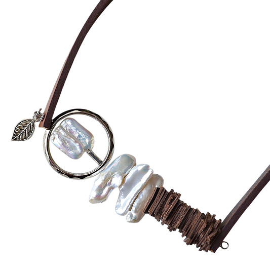 Barok ve Sakız İncili Kahverengi Deri Kolye