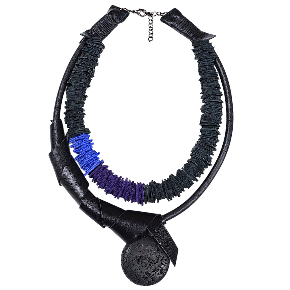 Black Leather Necklace with Lava Stone