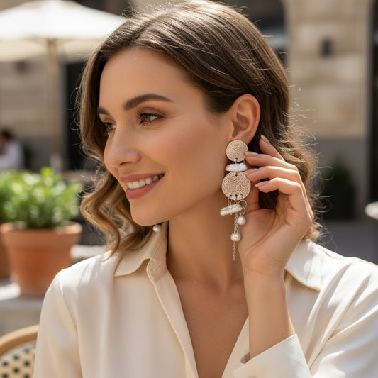 Metalik Derili ve İncili Asimetrik Küpe