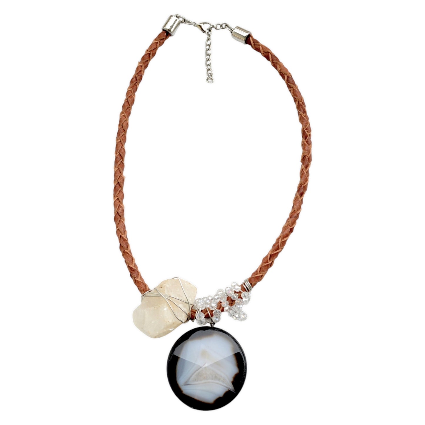 Akik ve Ham Kuvars Taşlı Deri Kolye