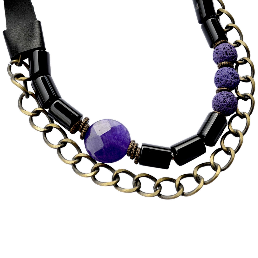 Akik ve Lav Taşlı Siyah Deri Kolye