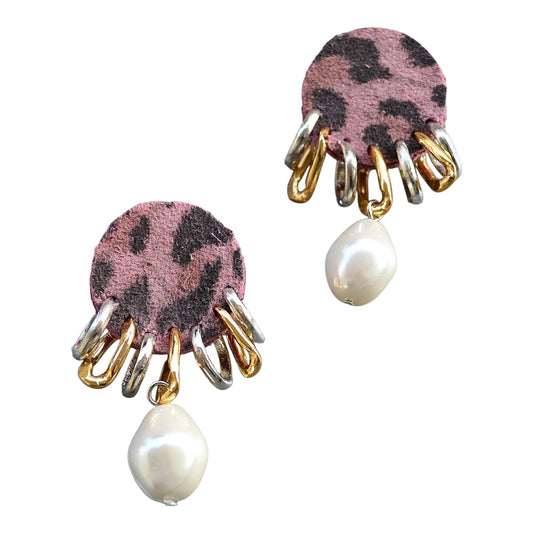 Majorca Drop Pearl Leopard Leather Earrings
