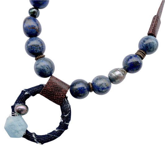Lapis Lazuli ve Akuamarin Taşlı Deri Kolye