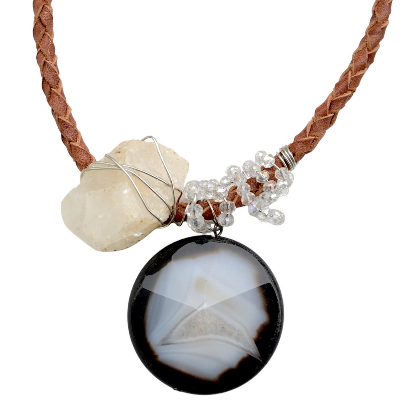 Akik ve Ham Kuvars Taşlı Deri Kolye