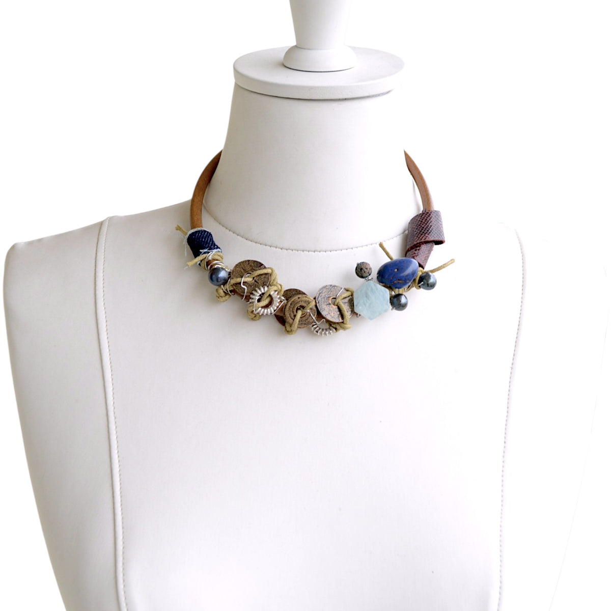 Lapis Lazuli ve Akuamarin Taşlı Deri Kolye