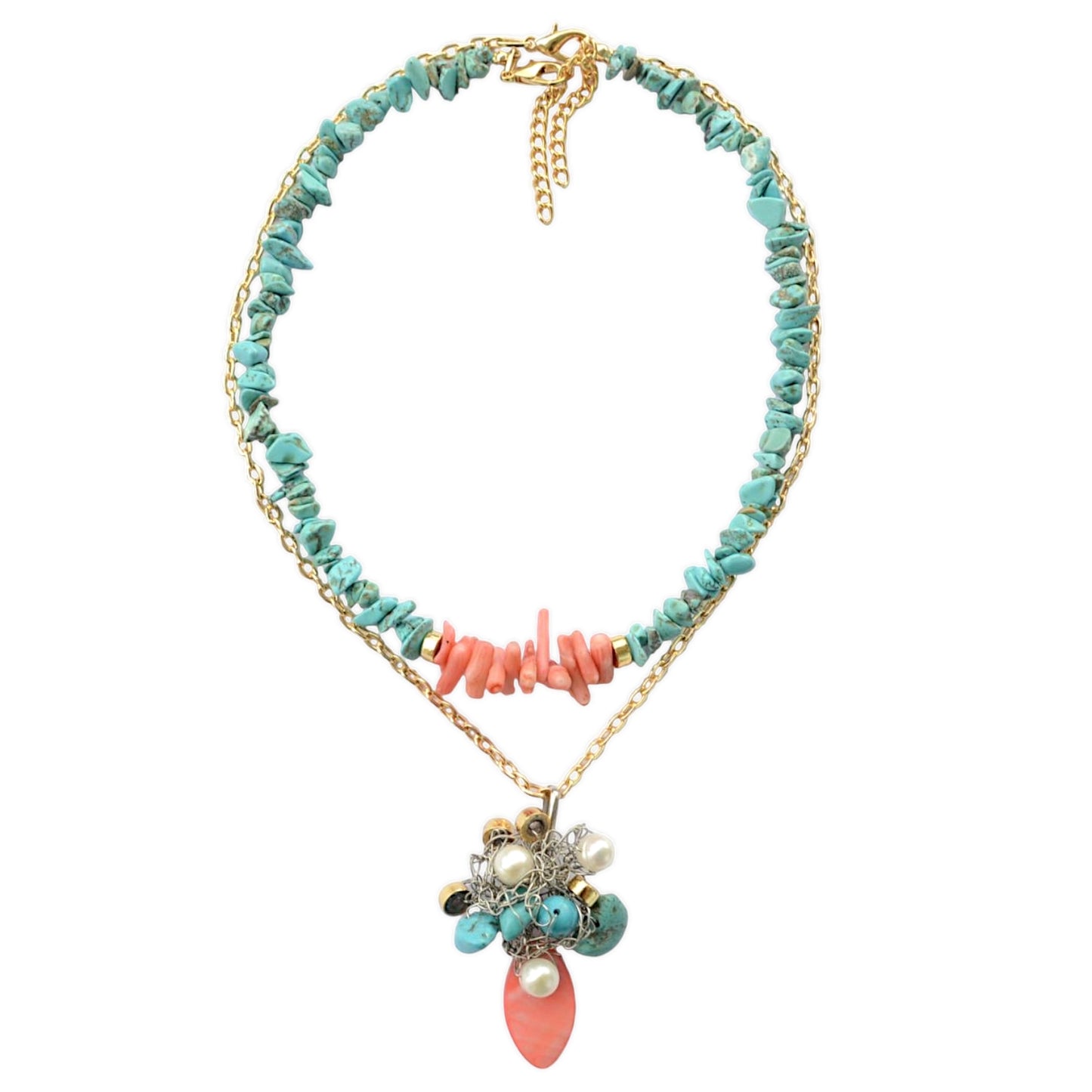 Turkuaz ve Mercan Taşlı 2li Kolye Set