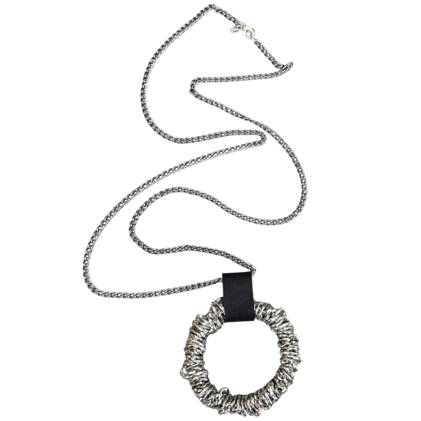Black Leather Detailed Long Chain Necklace