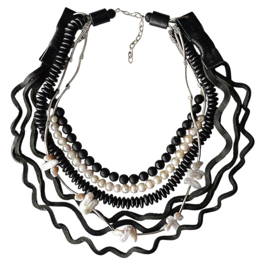 Black Genuine Leather Necklace with Natural Pearls