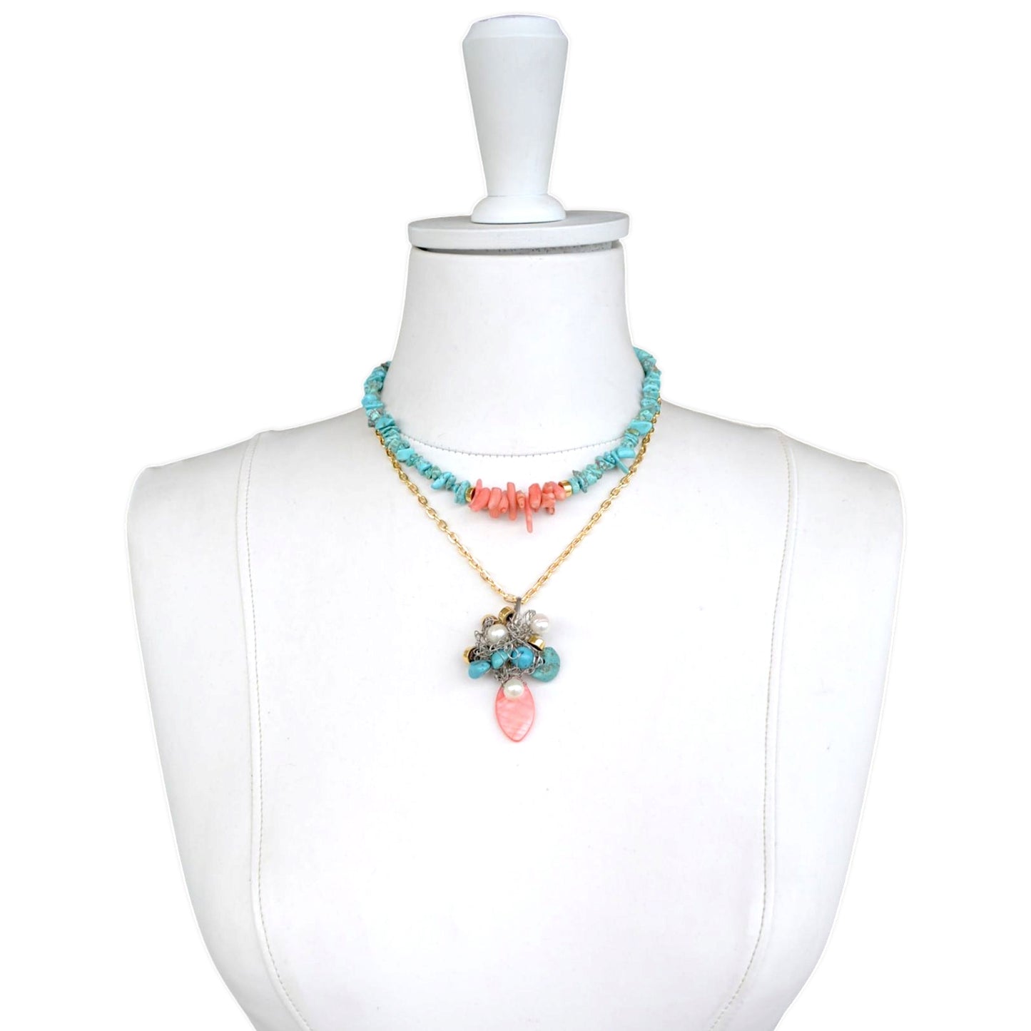 Turkuaz ve Mercan Taşlı 2li Kolye Set
