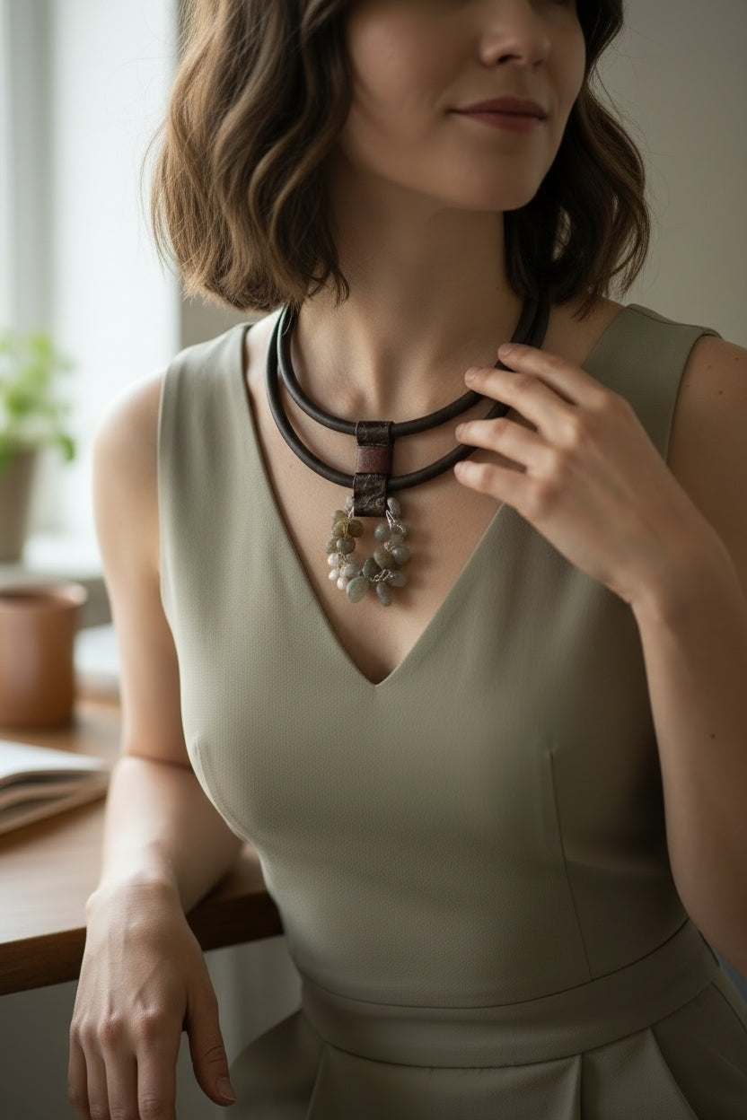 Labradorit Taşlı Deri Kolye