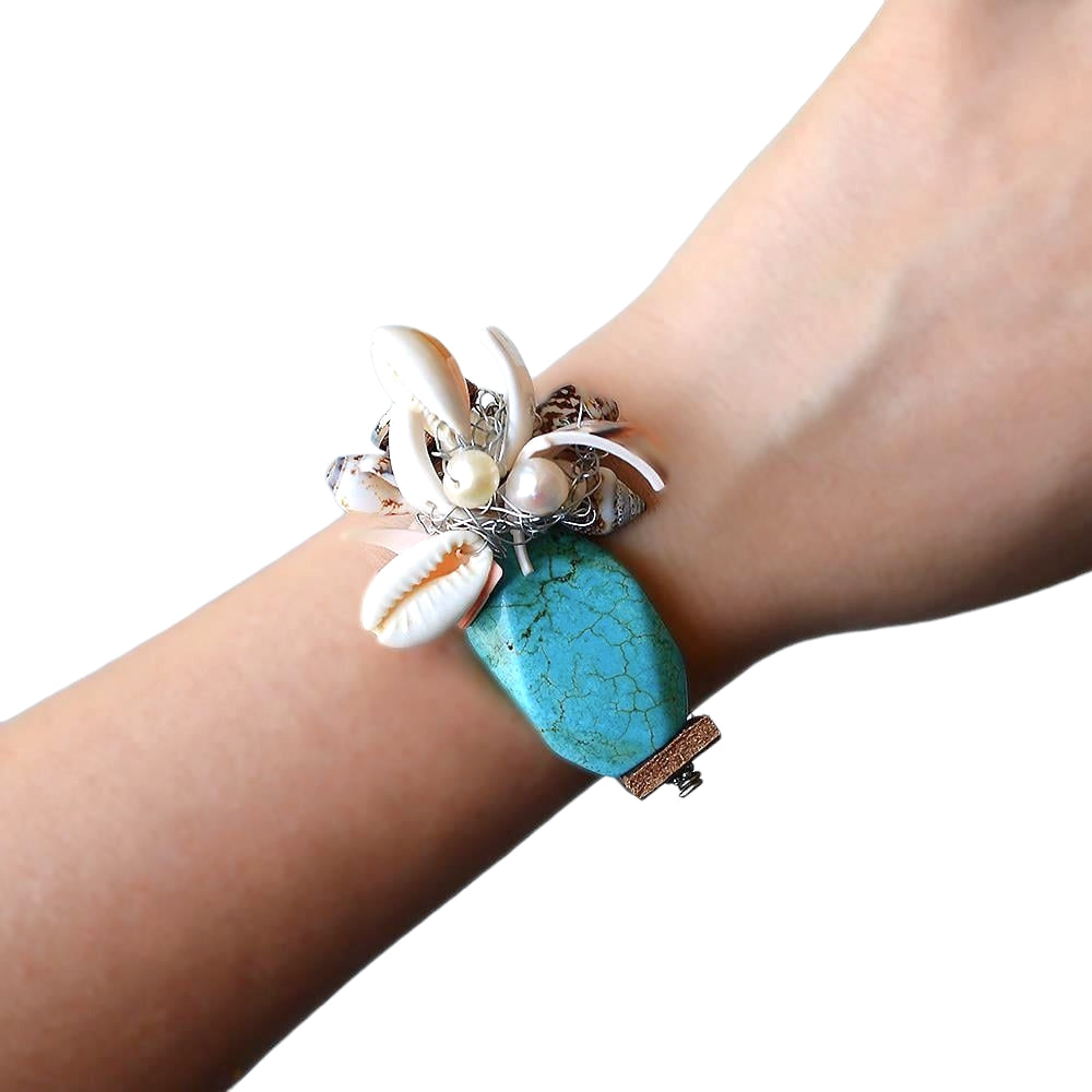 Turquoise Stone Seashell Leather Bracelet