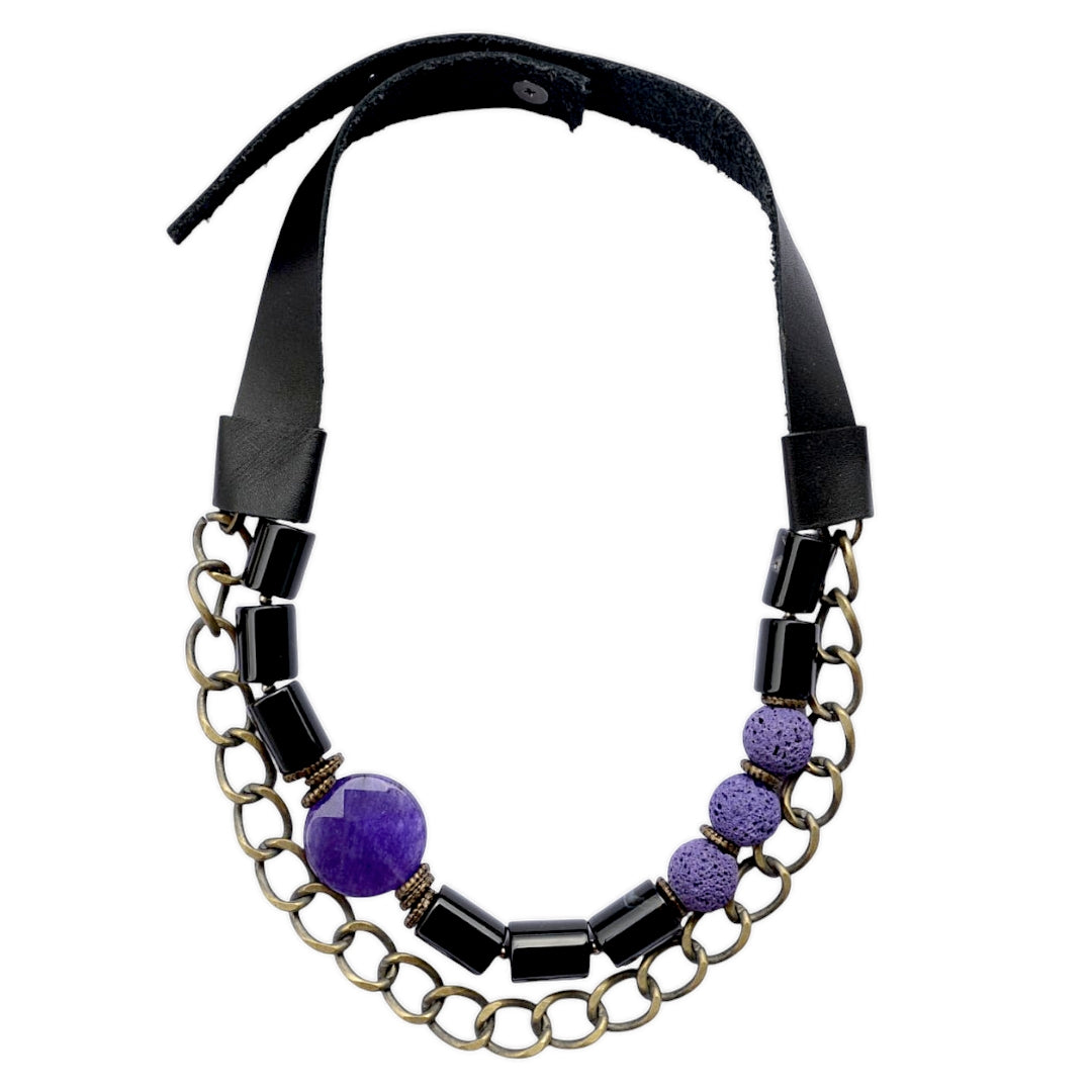 Akik ve Lav Taşlı Siyah Deri Kolye