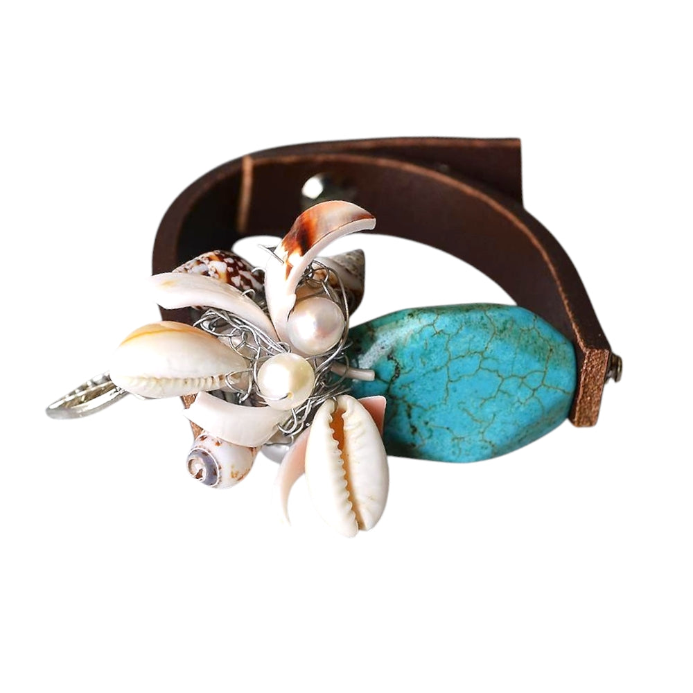 Turquoise Stone Seashell Leather Bracelet