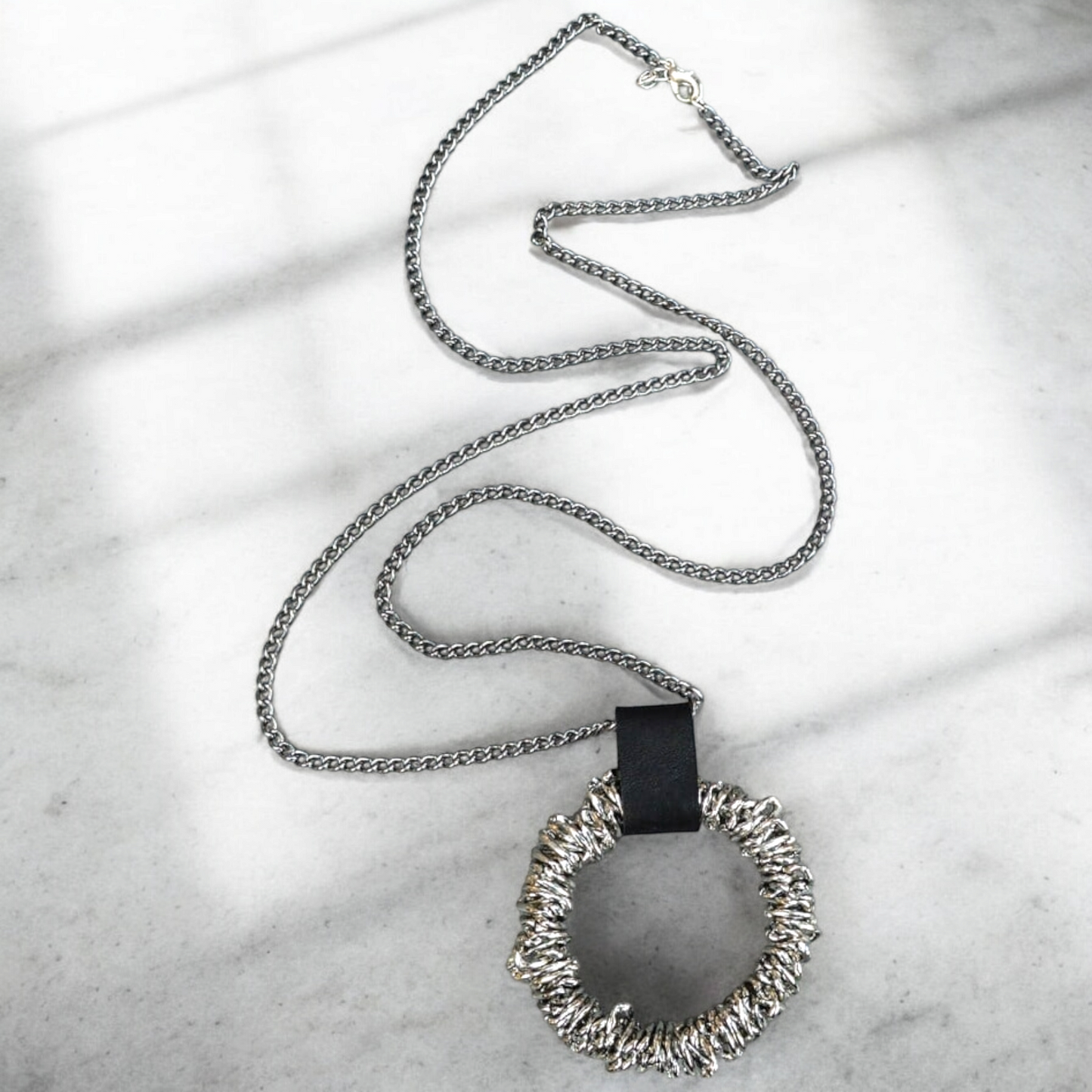 Black Leather Detailed Long Chain Necklace