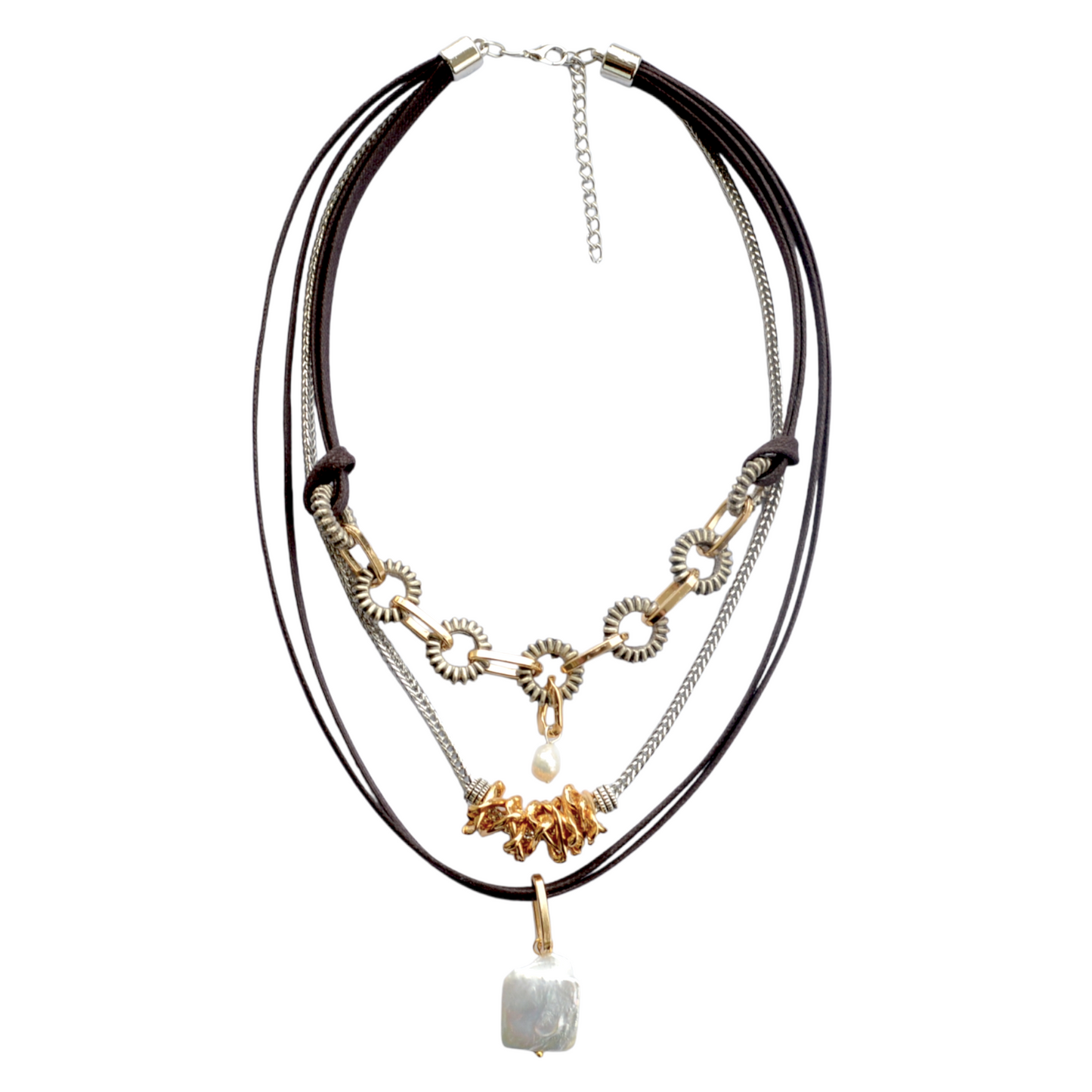 İnci Detaylı Kahverengi İp Kolye