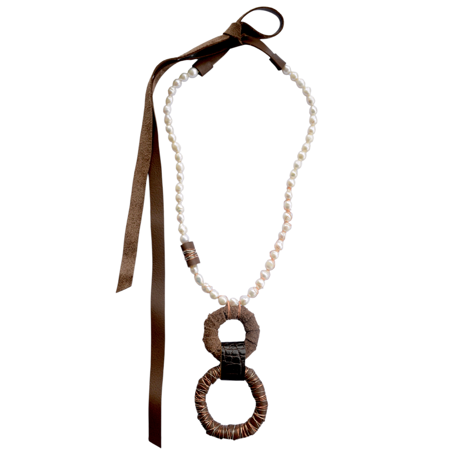 Kahverengi Derili İnci Kolye