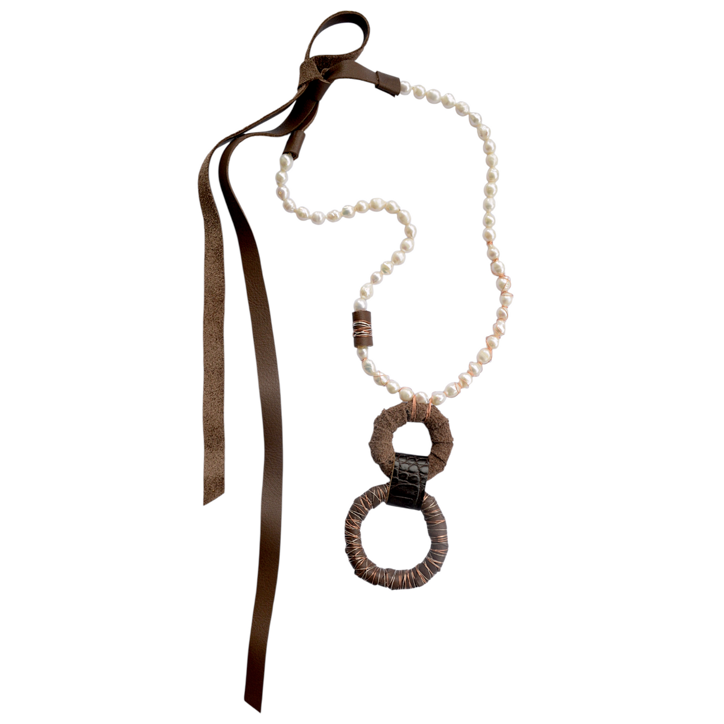 Kahverengi Derili İnci Kolye