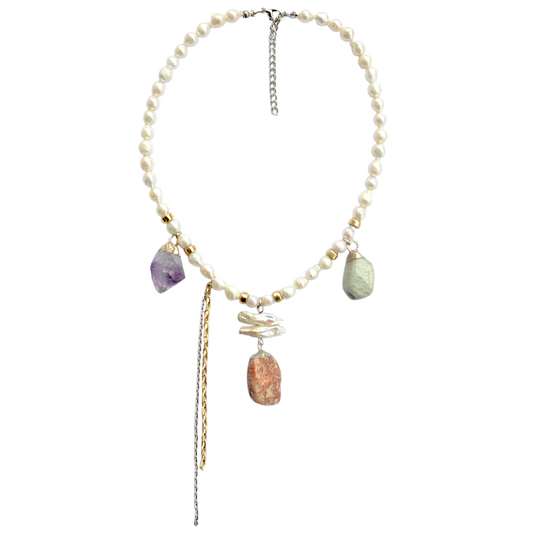 Ametist ve Kalsedon Taşlı İnci Kolye