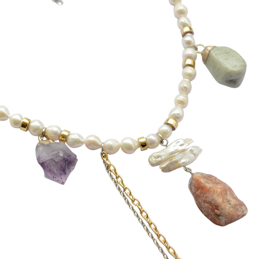 Ametist ve Kalsedon Taşlı İnci Kolye