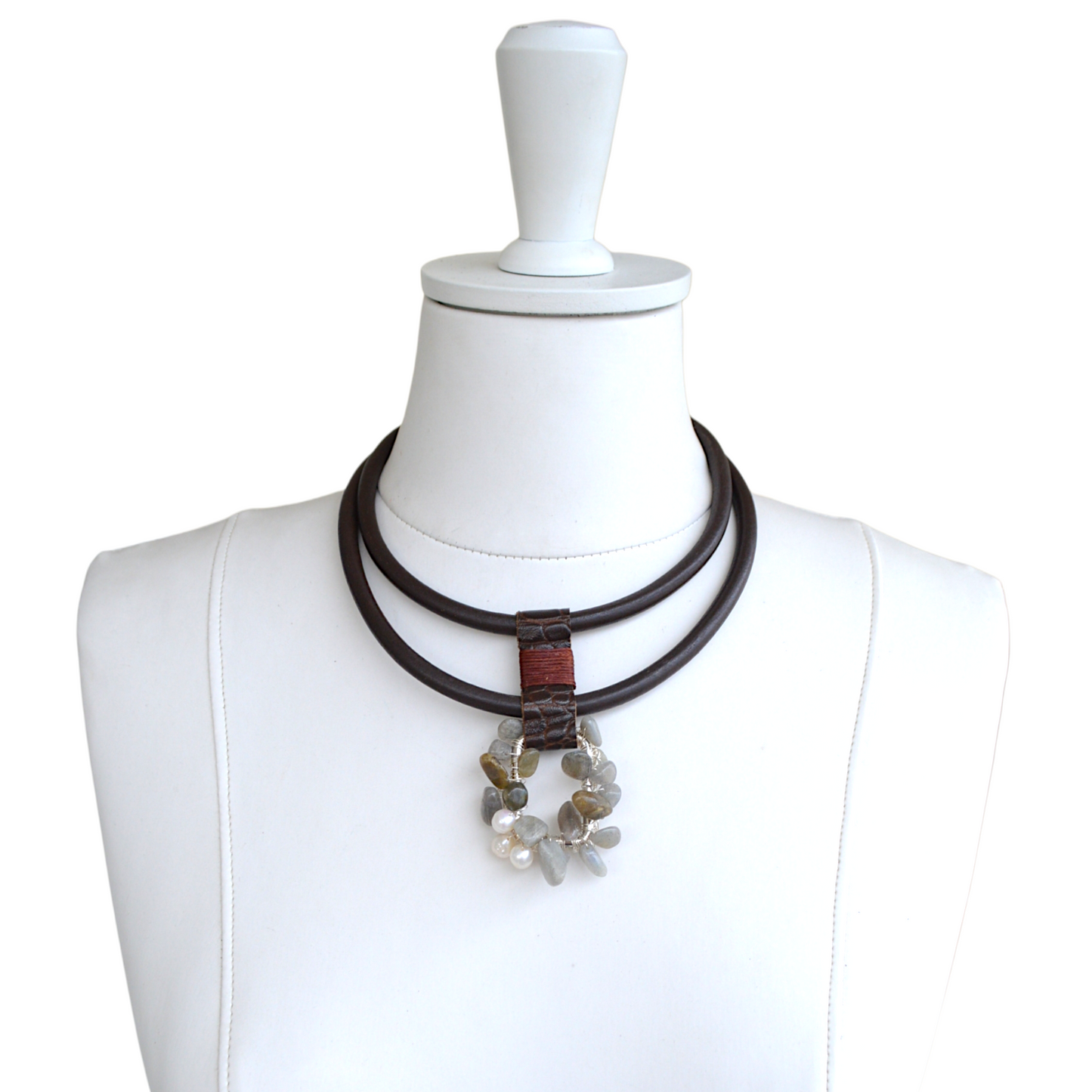 Labradorit Taşlı Deri Kolye