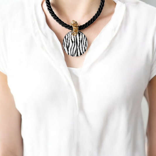 Zebra Patterned Black Cord Necklace