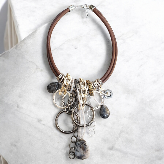 Pale Brown Leather Metal Necklace