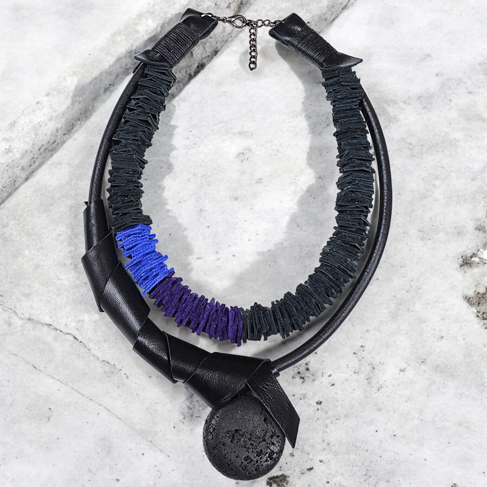 Black Leather Necklace with Lava Stone