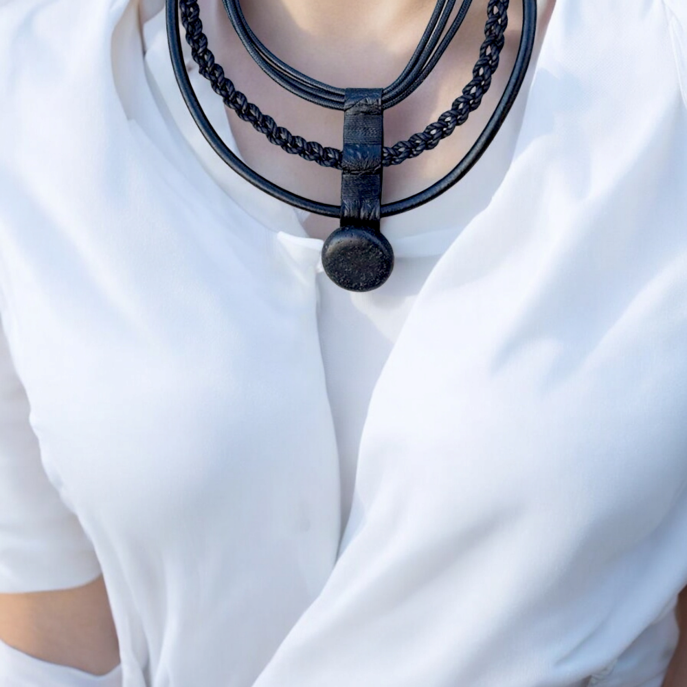 Black Leather Necklace with Lava Stone