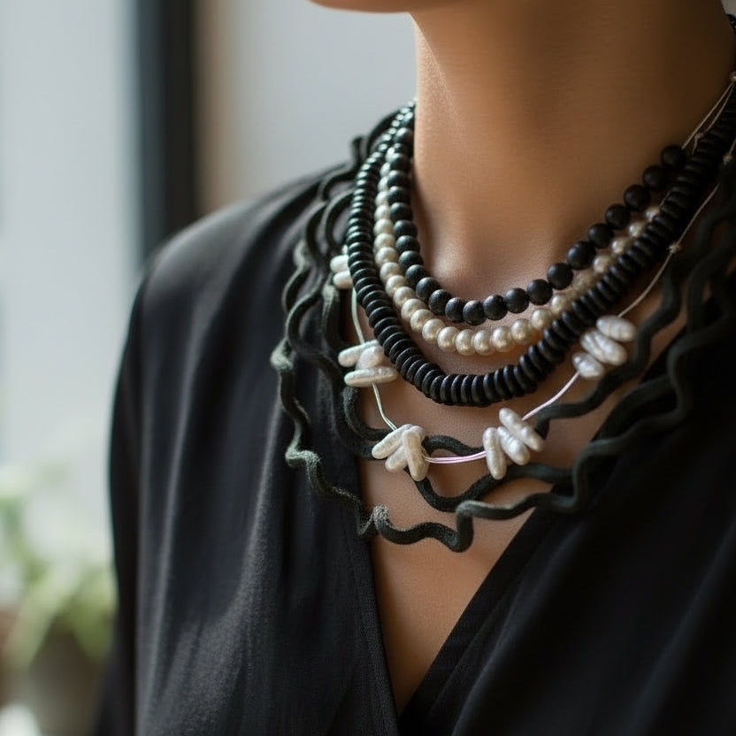 Doğal İncili Siyah Hakiki Deri Kolye