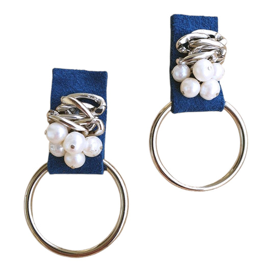 Pearl Embroidered Hoop Earrings on Blue Leather