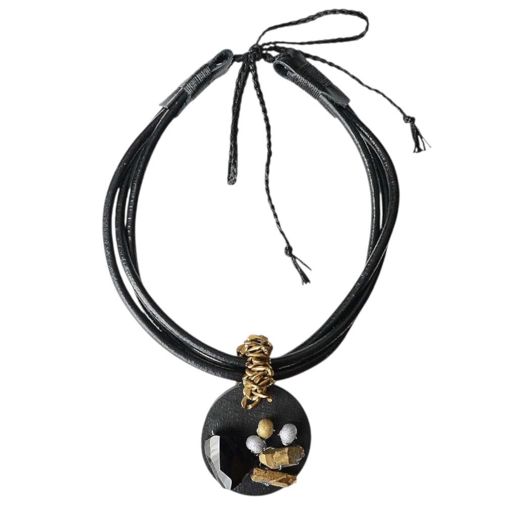 Black Leather Necklace with Natural Stones