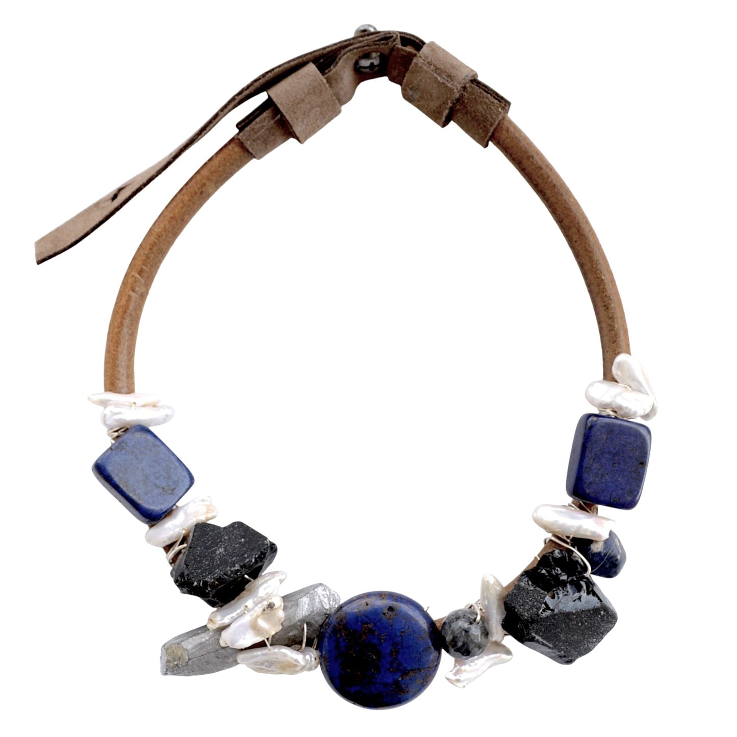 İnci ve Lapis Lazuli Taşlı Deri Kolye
