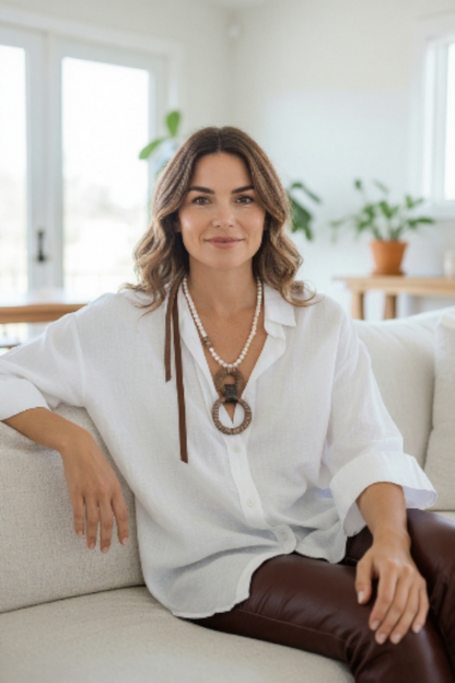 Kahverengi Derili İnci Kolye