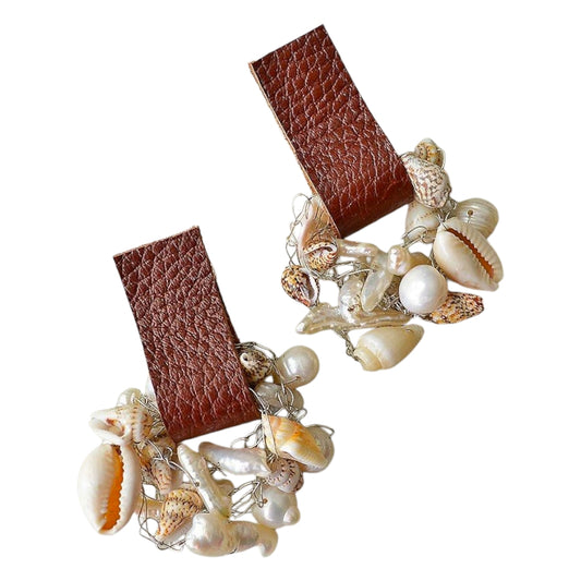 Leather Earrings with Seashells and Pearls