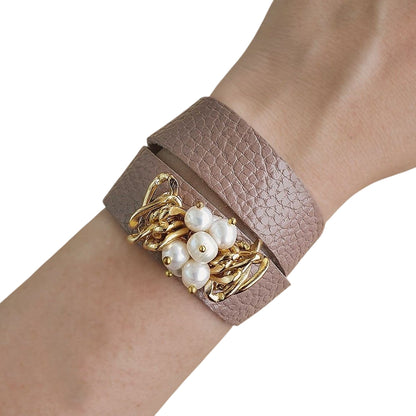 2 Round Leather Bracelet with Pearls