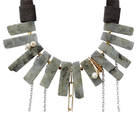 Labradorit Taşlı Arkası Deri Kolye