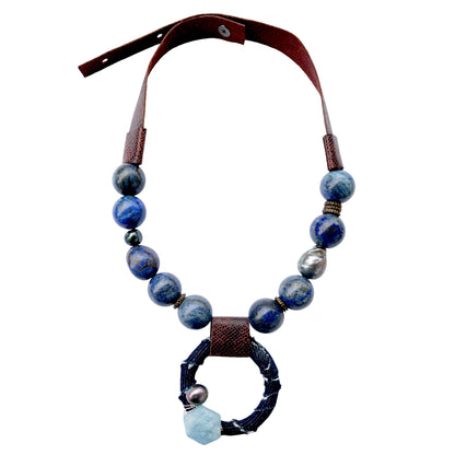 Lapis Lazuli ve Akuamarin Taşlı Deri Kolye