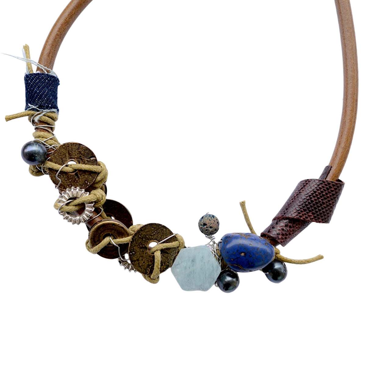 Lapis Lazuli ve Akuamarin Taşlı Deri Kolye