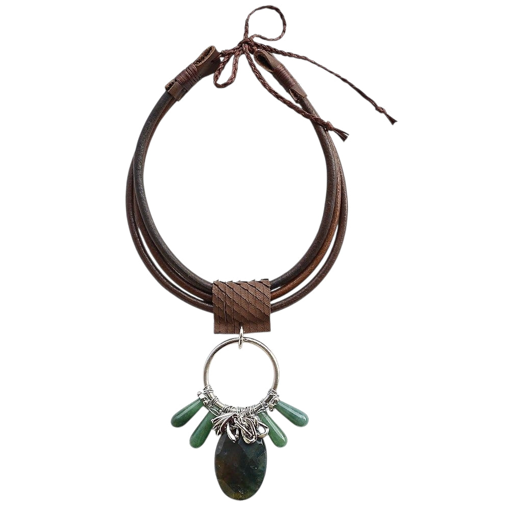 Akik ve Yeşim Taşlı Deri Kolye