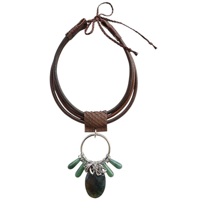 Akik ve Yeşim Taşlı Deri Kolye