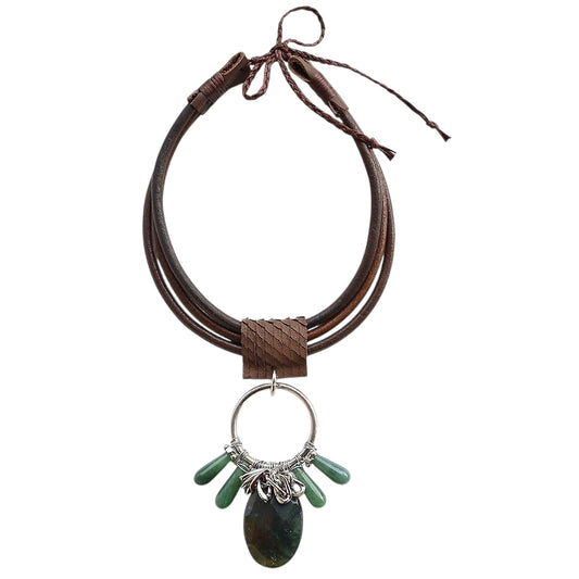 Akik ve Yeşim Taşlı Deri Kolye