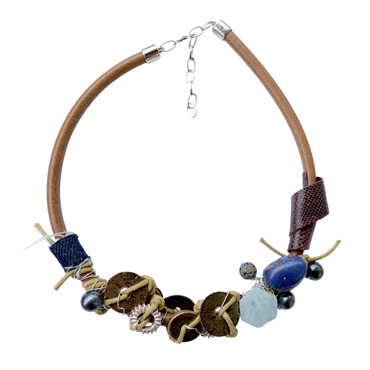 Lapis Lazuli ve Akuamarin Taşlı Deri Kolye