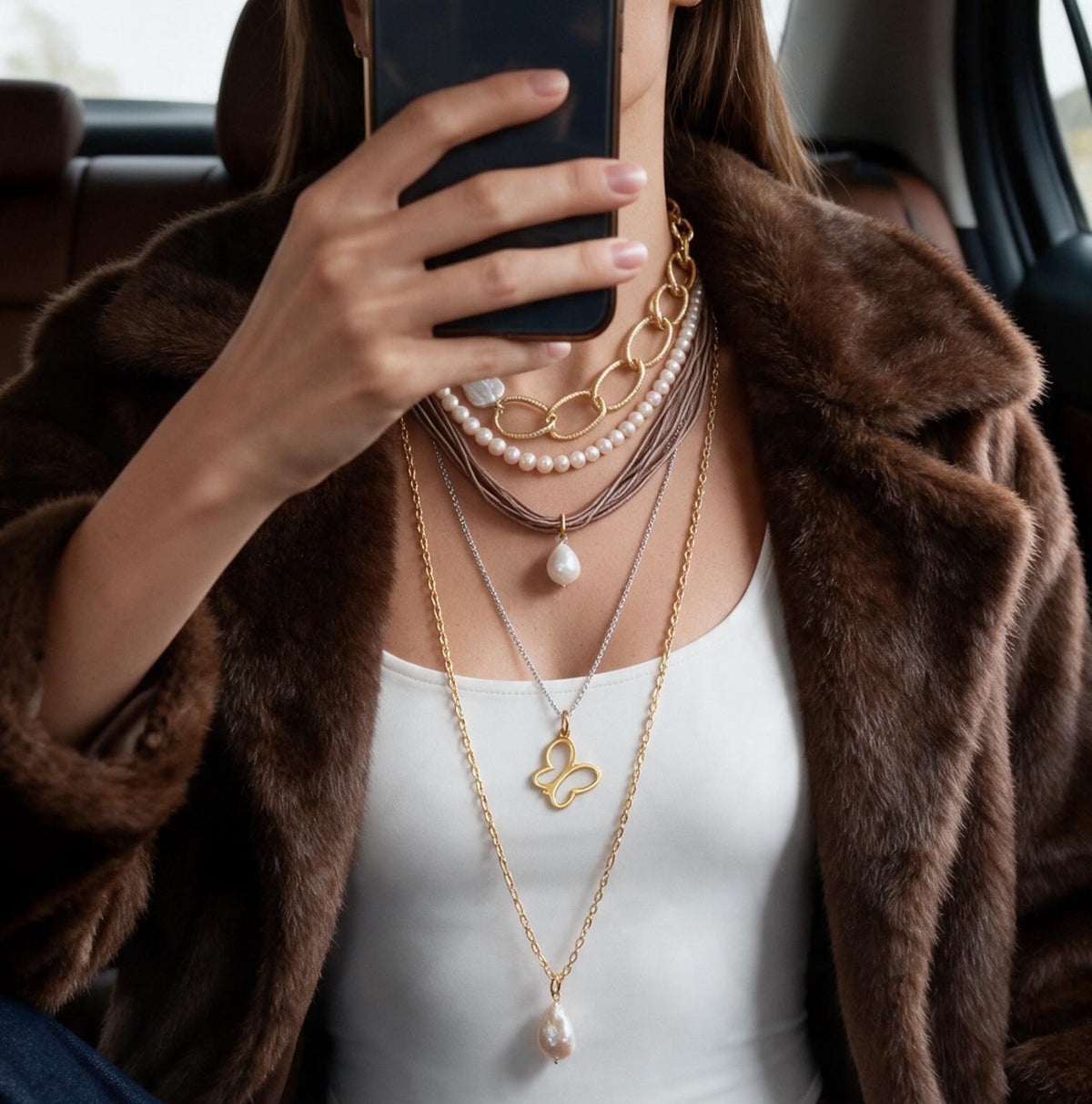 Gold Color Chain Pearl Necklace