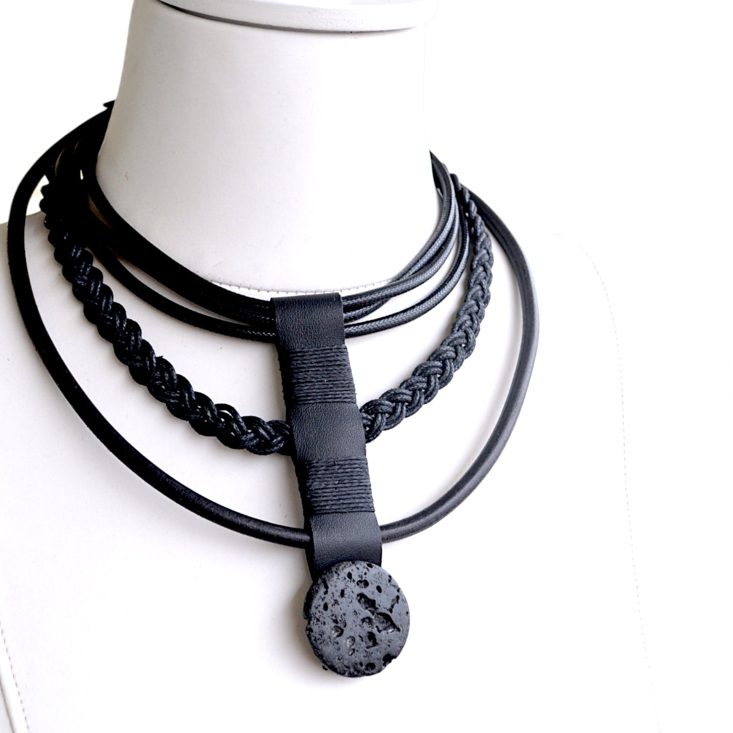 Black Leather Necklace with Lava Stone