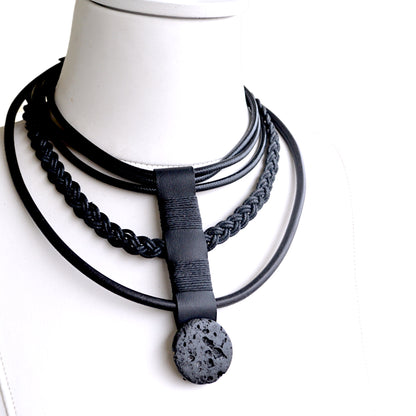 Black Leather Necklace with Lava Stone