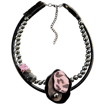 Leopard Pattern Leather Necklace with Hematite Stone