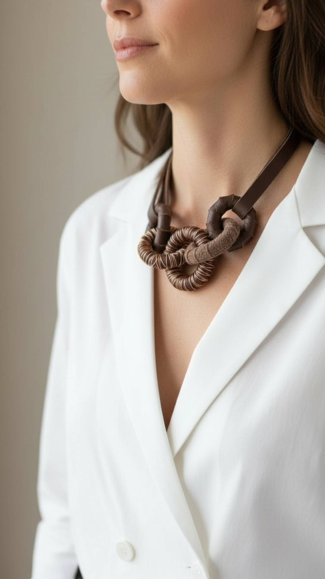 Tel Detaylı Kahverengi Deri Kolye