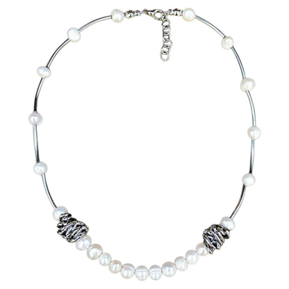 Silver Color Necklace with Cultured Pearls