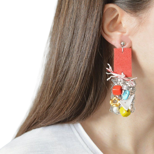 Steel Wire Knit Earrings with Leather Details